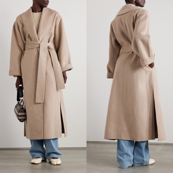 By Malene Birger Coat Trullem Belted Wool Shawl Grey Brown Melange 40 EUC - Picture 9 of 13